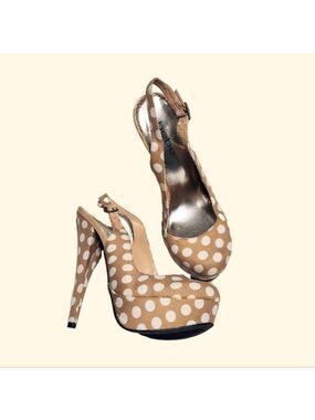 Bebe Kenley Polka Dot Platform Slingback Stiletto Heel Pump Beige/White 7.5 M